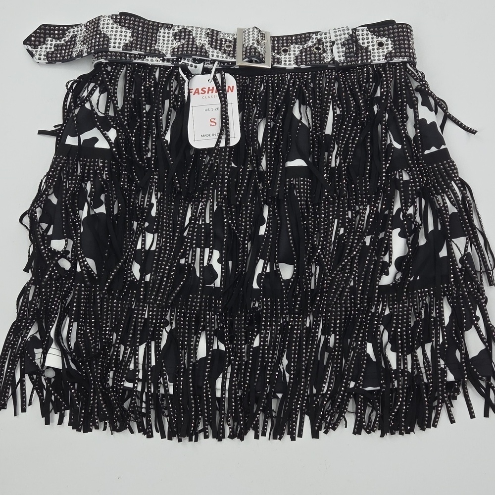Black and White Cow Print Fringe Skirt NWT
